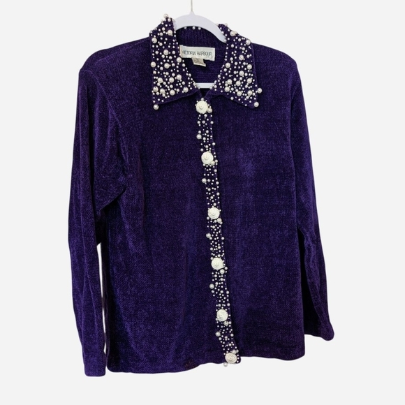 Victoria Harbour Sweaters - Pre-owned Vintage Victoria Harbour Purple Velvet Shirt with Pearl Details